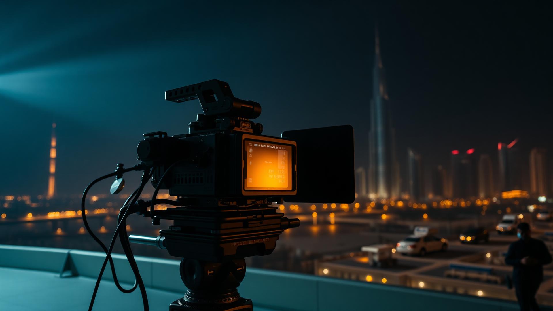 Cinema camera filming the Dubai skyline at night