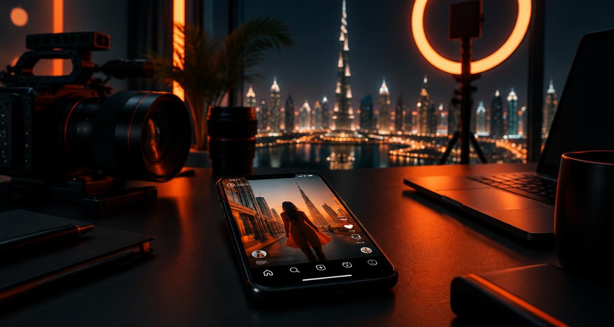 Social media content studio in Dubai at night, phone showing a video feed with the skyline behind