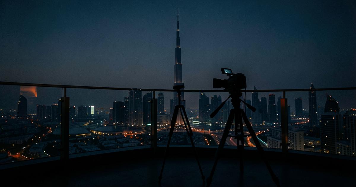 Cinema camera overlooking the Dubai skyline at dusk
